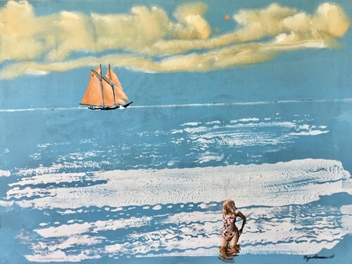 Blonde Lady Contemplating A Swim par Raymond Chow, Peinture en vente sur Singulart