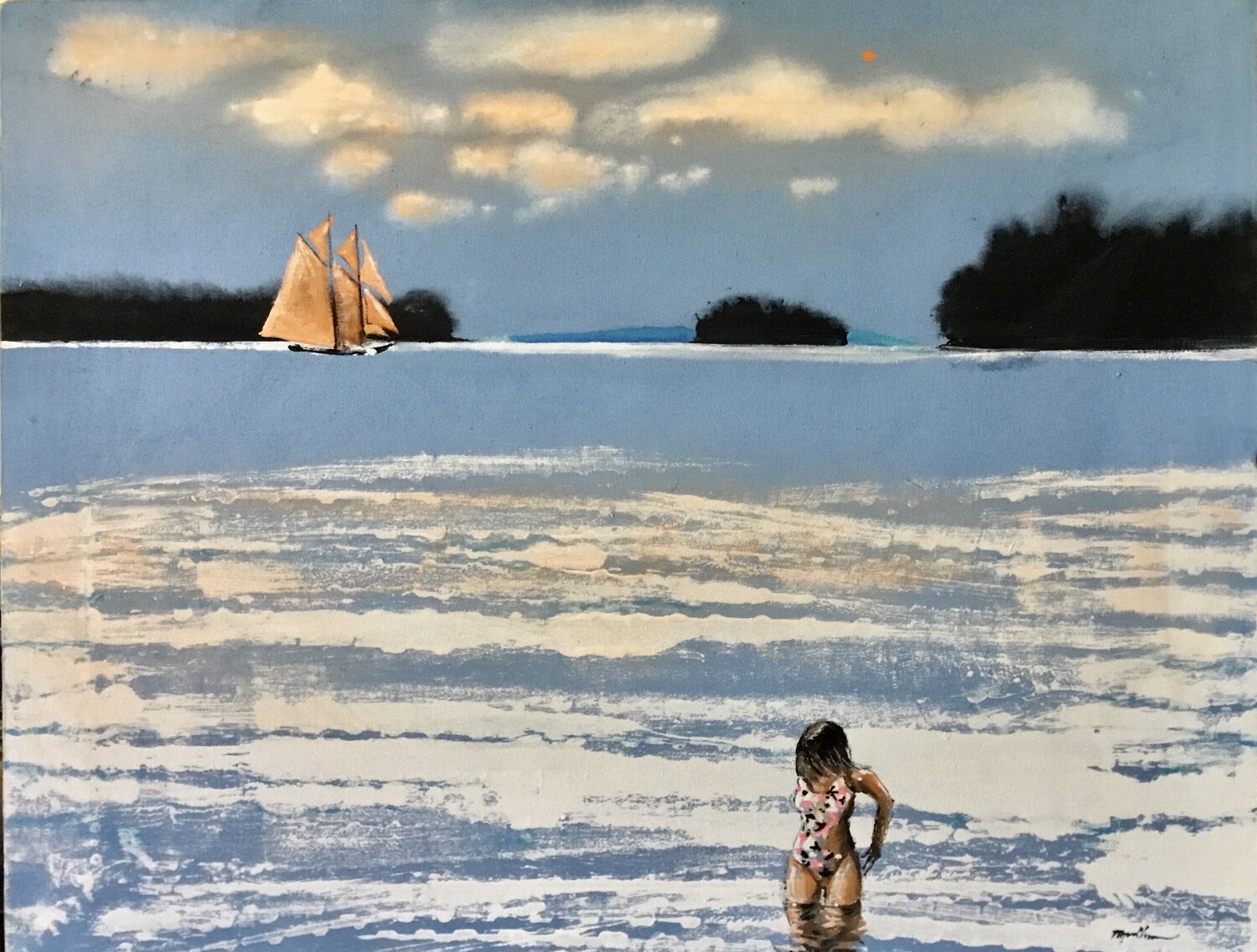 Brunette Lady Contemplating A Swim Raymond Chow Peinture originale à vendre