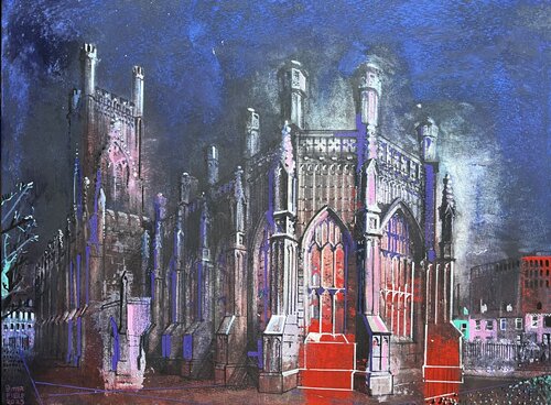 Bombed out church: Gothic Nightscape de Alexis Butterfield_Art, Pintura a la venta en Singulart
