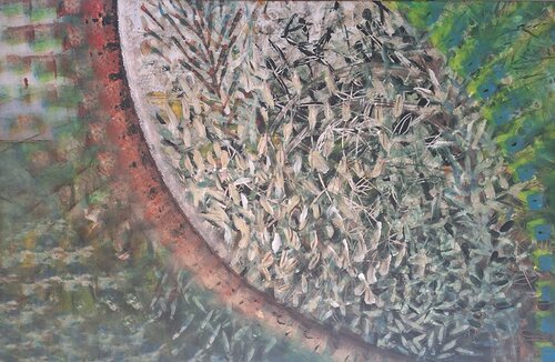 Olivenpfau geht schwimmen di Fritz Vogel, Pittura in vendita su Singulart