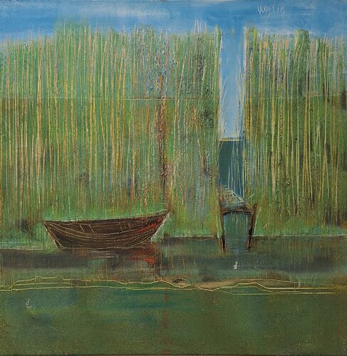 Schilfwald mit Rotboot van Fritz Vogel, Schilderij te koop op Singulart