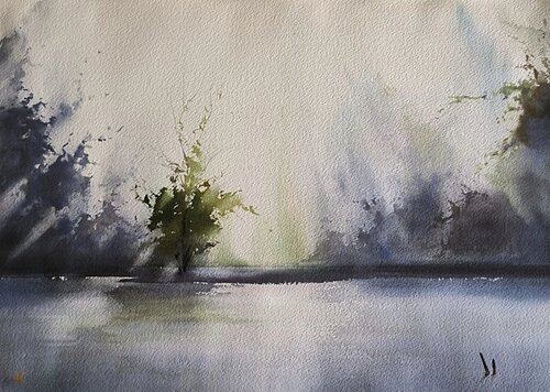 Riverbank through the sunlight van Tomas Bajorunas, Schilderij te koop op Singulart