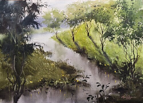 With the river van Tomas Bajorunas, Schilderij te koop op Singulart