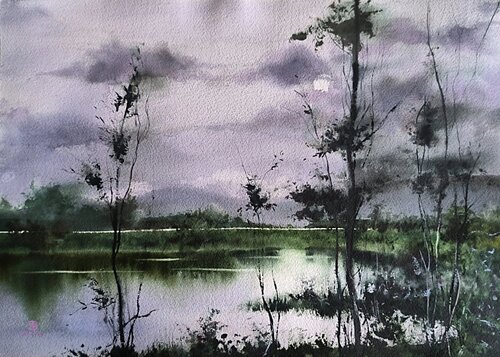 Misty reflections near mountains van Tomas Bajorunas, Schilderij te koop op Singulart