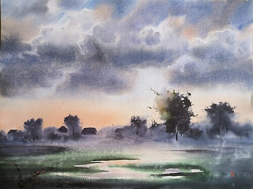 Sunset in little town par Tomas Bajorunas, Peinture en vente sur Singulart