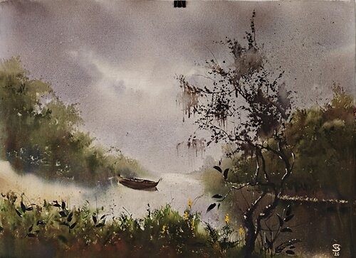 Misty riverboat van Tomas Bajorunas, Schilderij te koop op Singulart