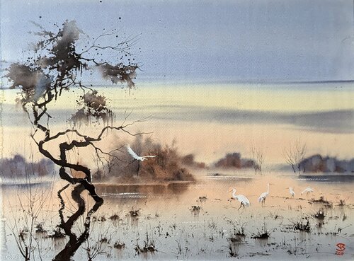 Misty wetland down de Tomas Bajorunas, Pintura a la venta en Singulart