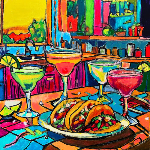 fiesta at the kitchen counter van Frankie Duru, Schilderij te koop op Singulart