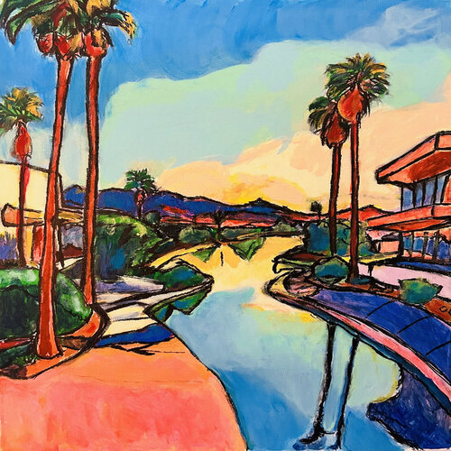 Sunset palm Oasis van Frankie Duru, Schilderij te koop op Singulart