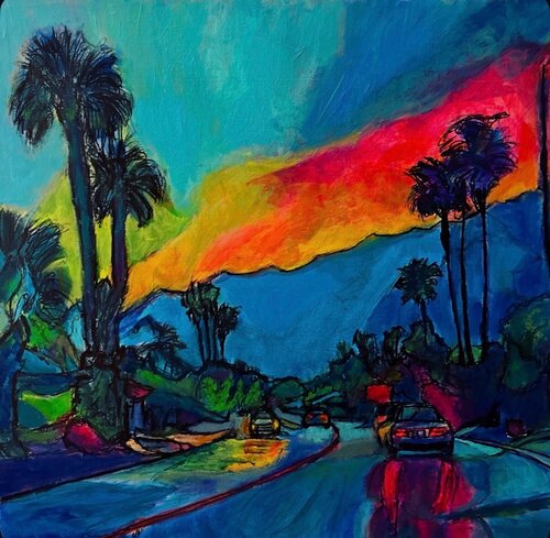 Palm drive after rain par Frankie Duru, Peinture en vente sur Singulart