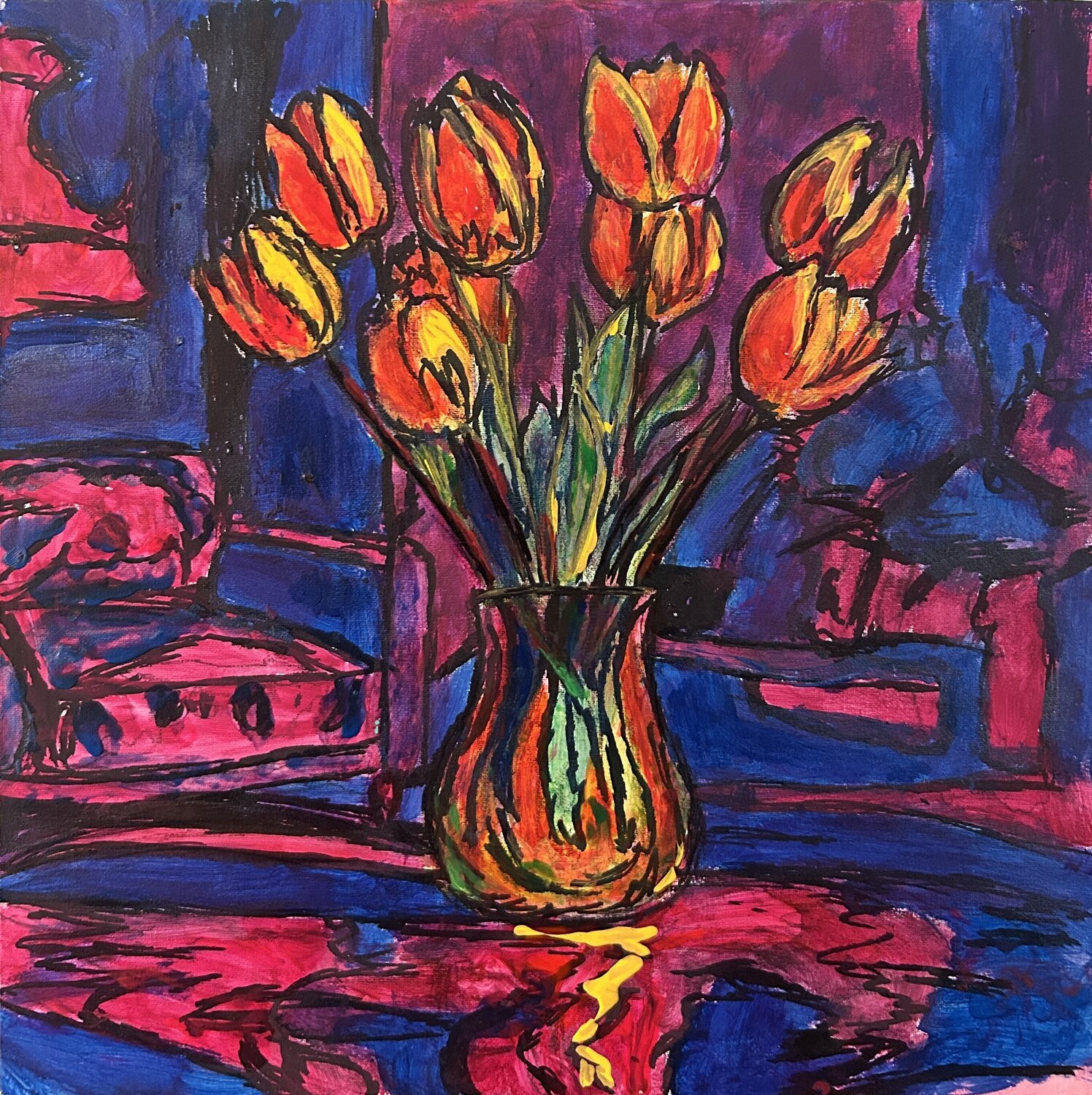 Colored tulips Frankie Duru Original painting for sale