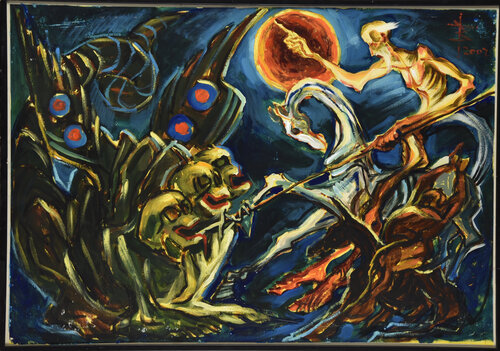 Don Quixote and Sancho Panza fight the Three-headed Beast von Vladimir Georgievski, Werk auf Papier kaufen auf Singulart