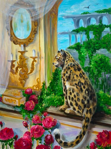 Leopard Guardian in a Golden Palace de Natalia Wilkinson, Pintura a la venta en Singulart
