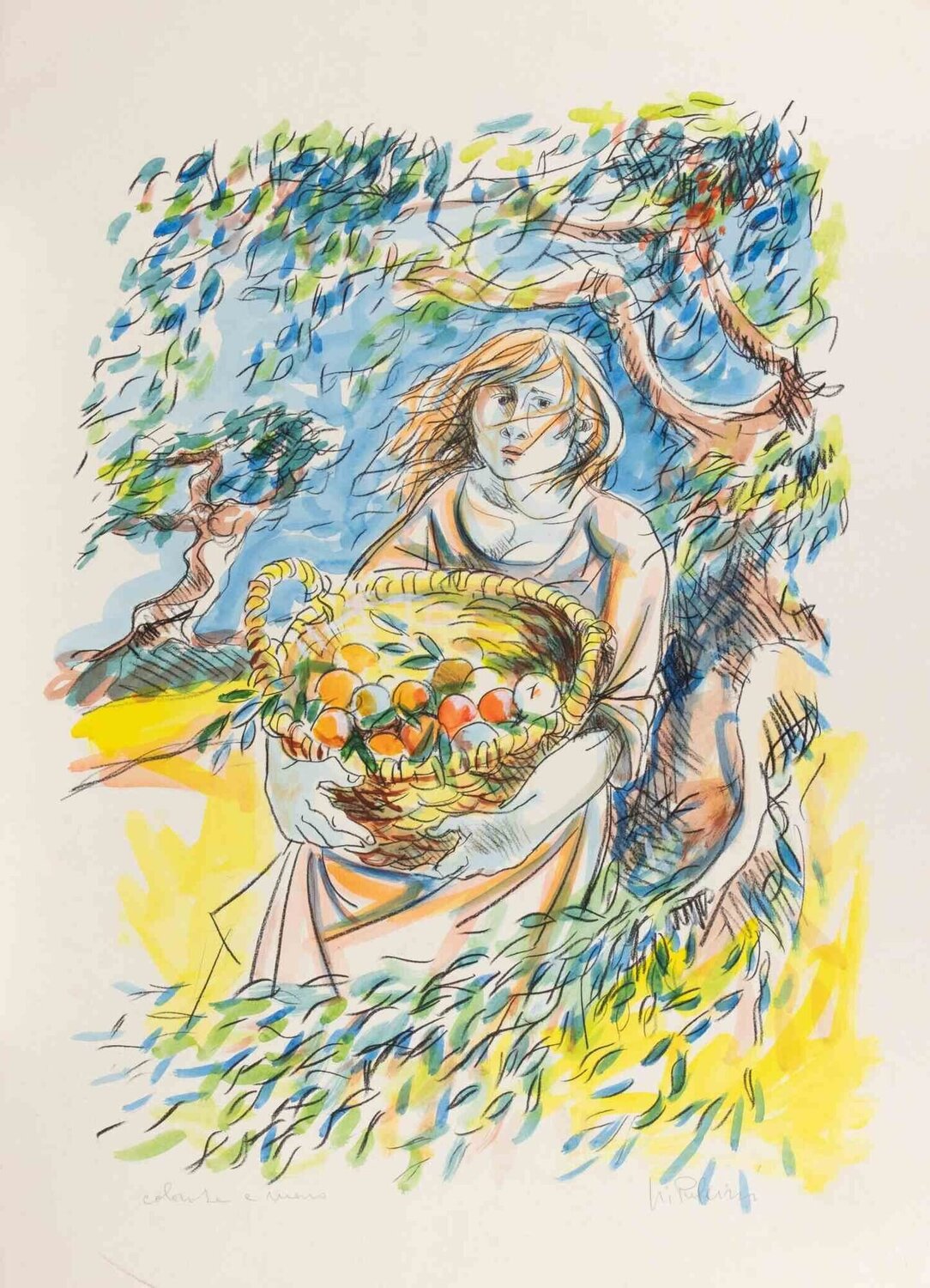 Woman with a Basket of Fruit Giuliano Pulcini Druck zu verkaufen