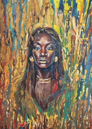 - Die goldene Kriegerin - Frauenportrait – Semi-Abstract Portrait von Tatiana Mink, Malerei kaufen auf Singulart
