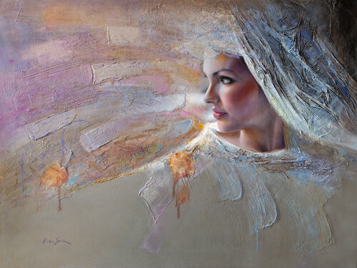 Profile of a woman - purple harmony van Pedro Sanz, Schilderij te koop op Singulart