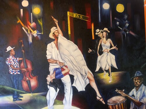 Las Rumbistas en um club en Santiago de Cuba par Alan Reddick, Peinture en vente sur Singulart