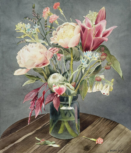 MODERN BOUQUET ON GREY de Liza Basay, Obra en papel a la venta en Singulart