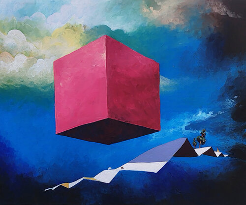 Red Cube In Landscape - No.1 von Ranjit Balmuchu, Malerei kaufen auf Singulart