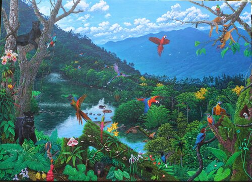 Etapas de la vida ( obra ganador del 12 Festival internacional de Arte Naif en Polonia Katowice Galería Szyb Wilson 2019.) de José Luis Toaquiza Chugchilan, Pintura a la venta en Singulart