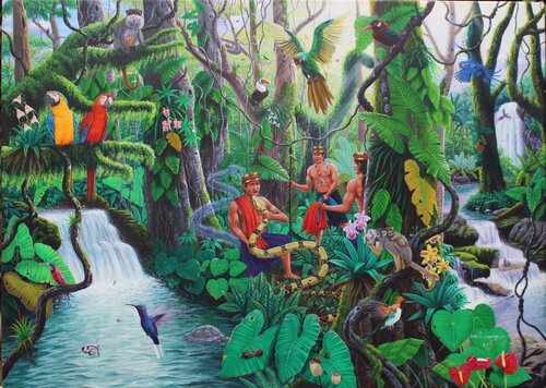 Los Shuaras en el paraíso natural. ( Obra ganador del 12 Festival Internacional de Arte Naif en Polonia Katowice Galería Szyb Wilson, 2019) van José Luis Toaquiza Chugchilan, Schilderij te koop op Singulart