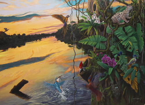 La Última pezca de la tarde ( Obra ganador del 12 Festival Internacional de Arte Naif en Polonia Katowice Galería Szyb Wilson, 2019) von José Luis Toaquiza Chugchilan, Malerei kaufen auf Singulart