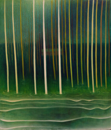 River's Dance Amid Shifting Canopie di Dimitra Gkoutzou, Pittura in vendita su Singulart