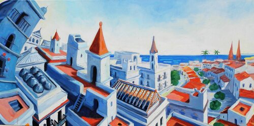 VISIÓN DE CIUDAD IMAGINARIA EN AZUL di Manu Rey Piulestán, Pittura in vendita su Singulart