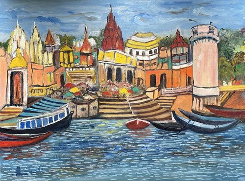 Varanasi - The Ghat by Rashmi Rekha Gupta, Painting for Sale on Singulart