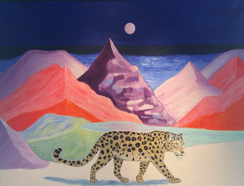 The Pink Moon and the Leopard by María Cortés, Painting for Sale on Singulart
