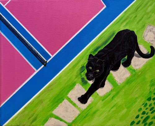 La Pantera en el Camino de la pista de Tenis Acrílico sobre lienzo. 33 x 41 cm. Firmado y fechado al dorso. by María Cortés, Painting for Sale on Singulart