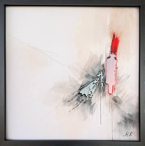 Axe Écarlate — Peinture abstraite minimaliste noire et rouge (50×50) van Marija Ruisi, Schilderij te koop op Singulart