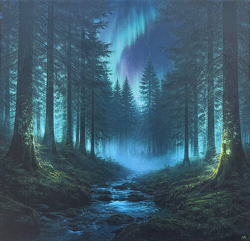 Aurora Borealis Forest di Marija Ruisi, Pittura in vendita su Singulart