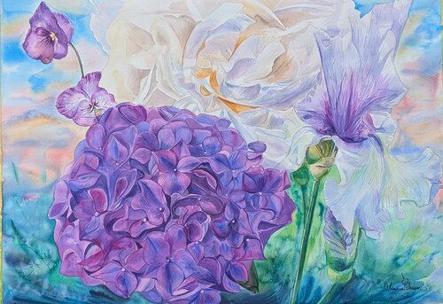 Tanz der Blumen und die Tiefe des Meeres van Marina Kaiser, Schilderij te koop op Singulart