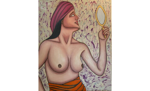 A woman trying to look at her face di Jacob Isaac, Altri media in vendita su Singulart