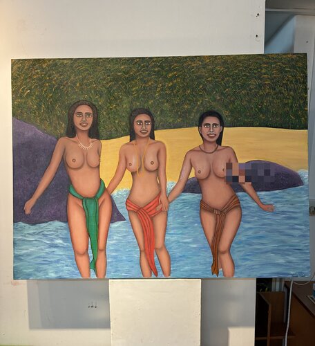 Three girls at the beach di Jacob Isaac, Pittura in vendita su Singulart