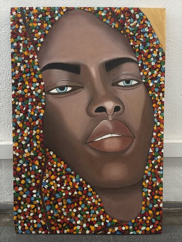 Woman with colourful dot van Jacob Isaac, Schilderij te koop op Singulart