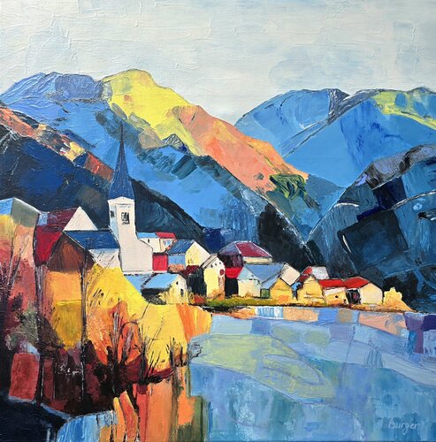Hallstatt in Golden Autumn Light by Anna Burger, Painting for Sale on Singulart