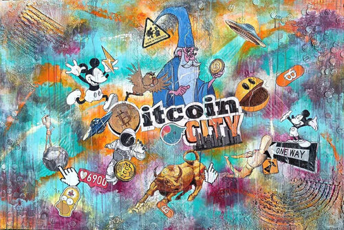 Bitcoin City - Urban Luxury Pop Art Painting by Luca La Marca di Luca La Marca, Pittura in vendita su Singulart