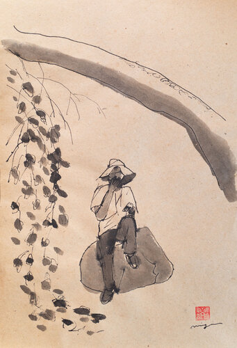 Lunch under an old weeping mulberry tree by Hirofumi Miyauchi (Andecian), Work on Paper for Sale on Singulart