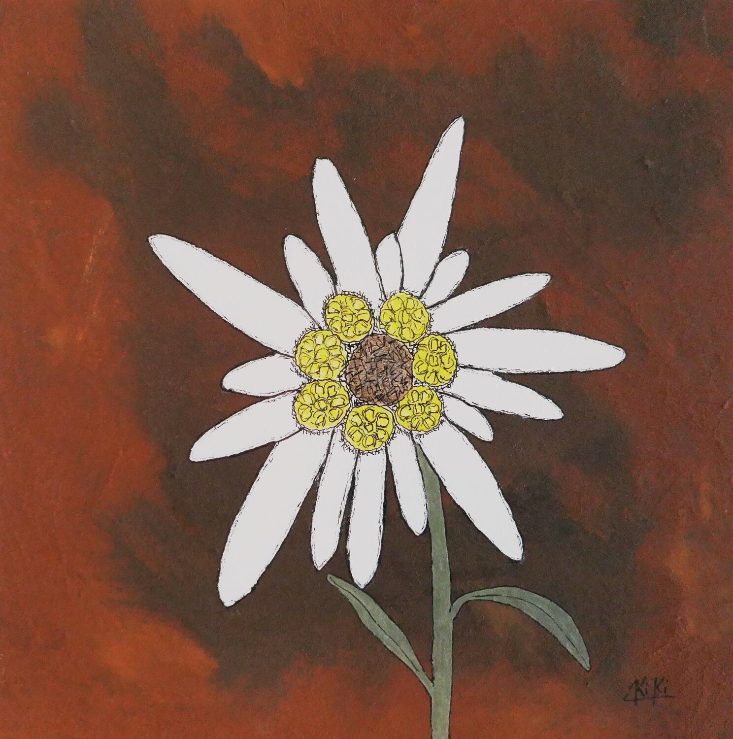 Alpen-Edelweiß - Blüten auf Rost Kiki Bragard Dipinto originale in vendita