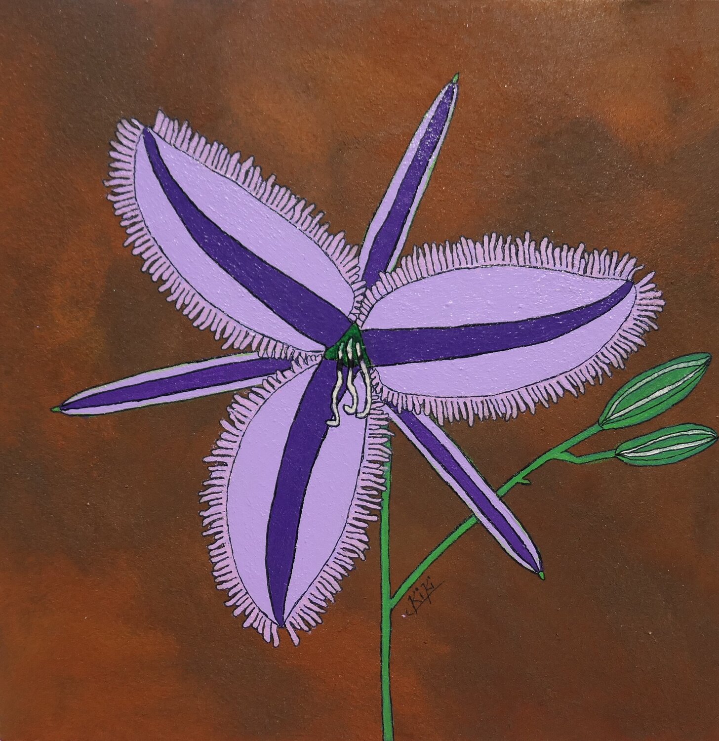 Thysanotus Sparteus - Blüten auf Rost Kiki Bragard Originalgemälde zu verkaufen