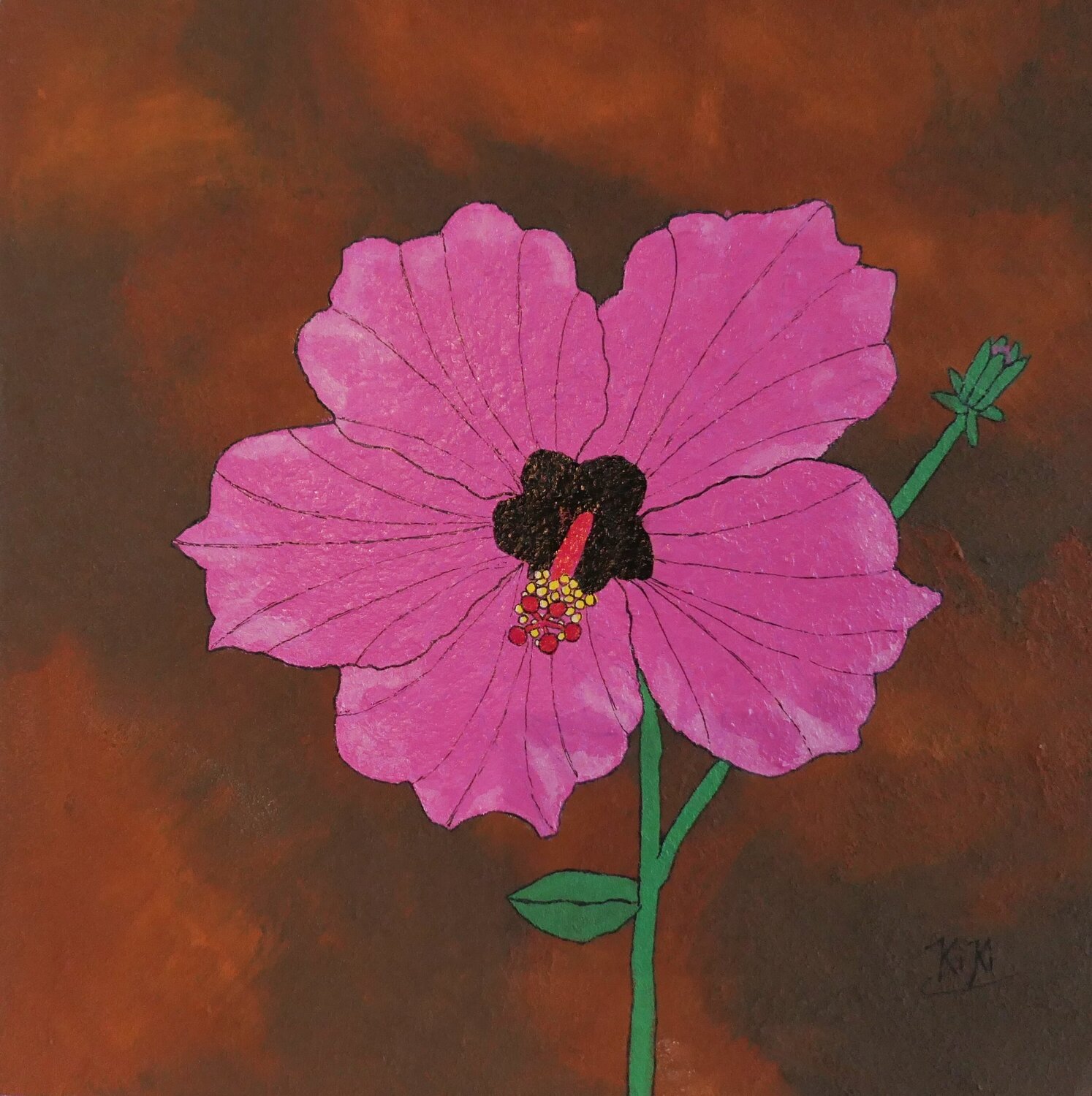 Hibiscus Cairo Pink - Blüten auf Rost Kiki Bragard Originalgemälde zu verkaufen