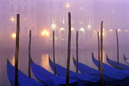 The Grand Canal and gondolas in fog, Venice, Italy van Cosmo Condina, Fotografie te koop op Singulart