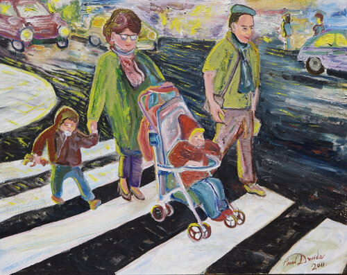 French Family Crossing a Paris Street by Paul Davids, Painting for Sale on Singulart