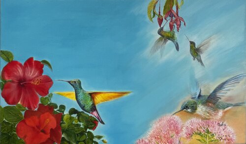 Colibríes al amanecer par Cielo Rincon, Peinture en vente sur Singulart