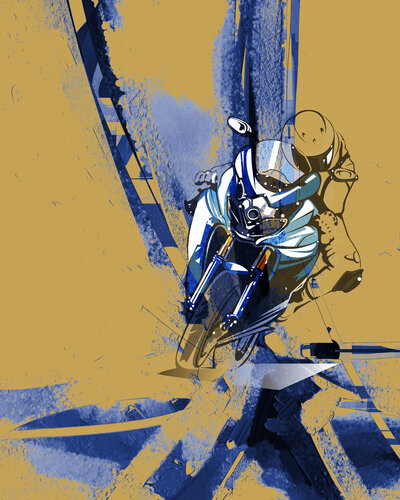 Indigo Apex: Rider in the Turning Light di ABDULLA YASIR, Digitale in vendita su Singulart