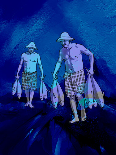 Return in Indigo: Two Fishermen at Dusk di ABDULLA YASIR, Stampa in vendita su Singulart