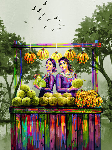 Morning of Abundance: Island Harvest Sellers — Maldivian Fruit Stall Artwork from Islands at Work van ABDULLA YASIR, Afdruk te koop op Singulart