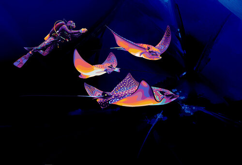 Nitrox Diver Encounters Spotted Stingrays Underwater by ABDULLA YASIR, Print for Sale on Singulart